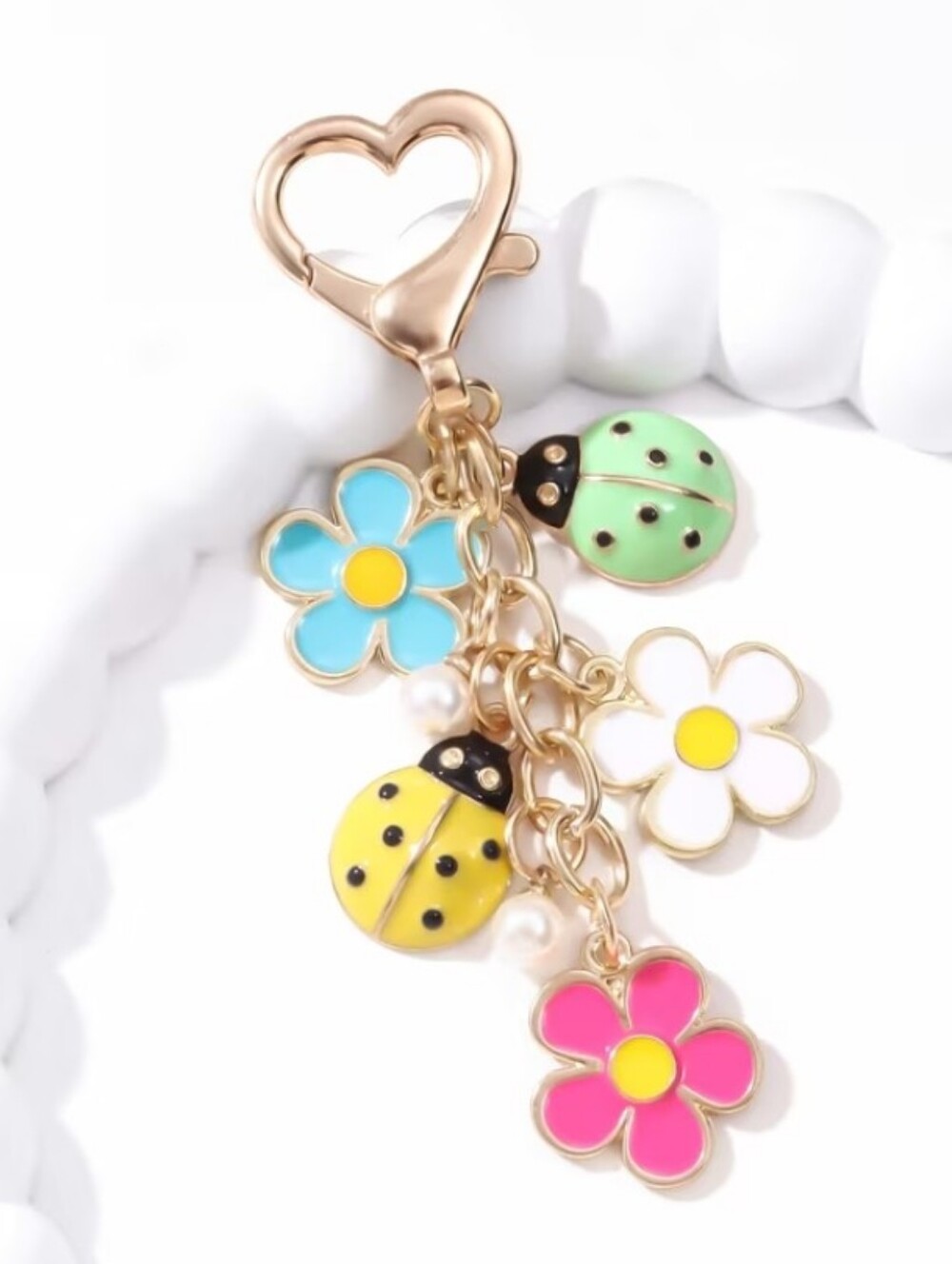 Gold Tone Ladybug & Flower Bag Charm /Keychain - Multicolor